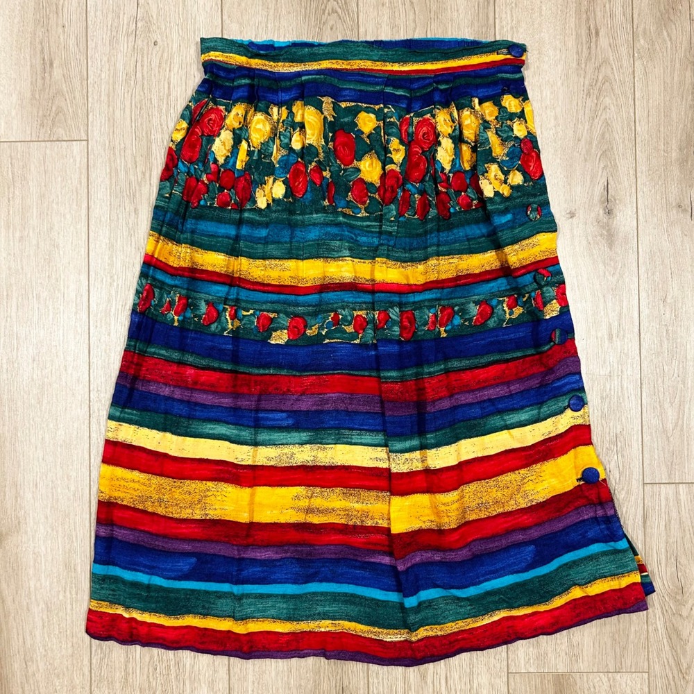 Y2K Maximalist Colorful Studio C Vintage Rainbow Striped Floral Skirt 16 USA 35
